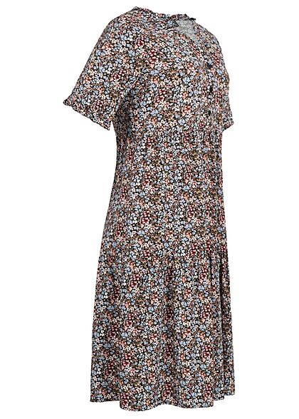 Vero Moda Damen Viscose Kleid mit Knopfleiste und V-Neck Blumen Print schwarz multic.