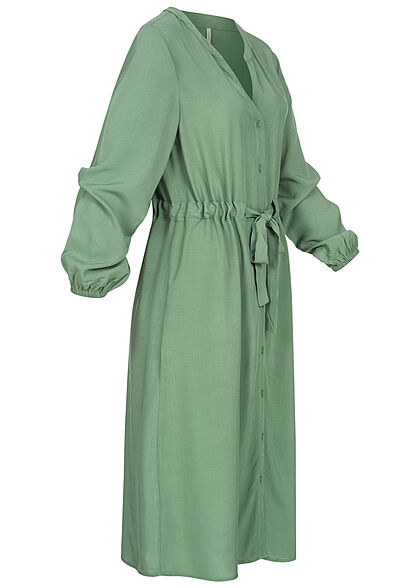 ONLY Damen V-Neck Kleid mit Knopfleiste und 7/8 rmeln Bindegrtel dark ivy grn