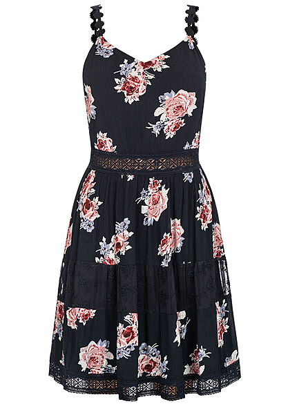 ONLY Damen NOOS Viskose Kleid mit V-Neck und Spitzendetails Blumen Print navy blau - Art.-Nr.: 22040417