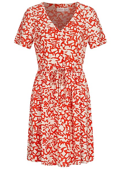 VILA Damen Viskose Kleid mit V-Neck und Bindedetail All Over Print rot weiss