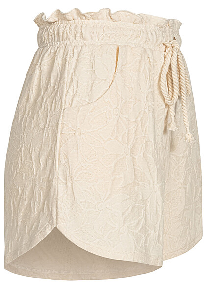 VILA Damen High Waist Shorts Strukturstoff mit Blumenmuster birch beige