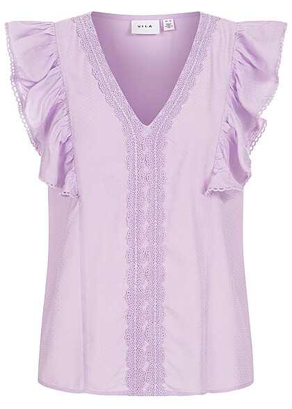 VILA Damen V-Neck Top mit Rschen und Spitzendetails pastel lila