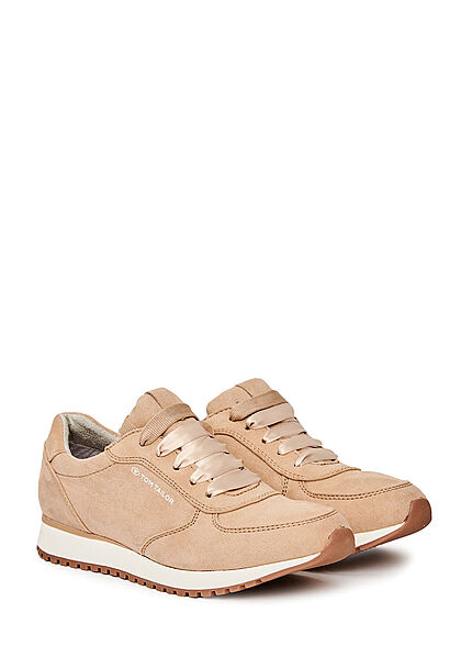 Tom Tailor Dames Suede Look Sneaker met veters zand beige