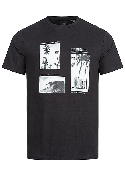 ONLY & SONS Heren T-shirt met Beach and Palms opdruk zwart wit