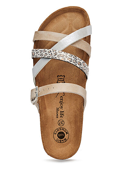 Enjoy Life Shoes Dames Sandaal met gesp en print beige zilver - Art.-Nr.: 22040578