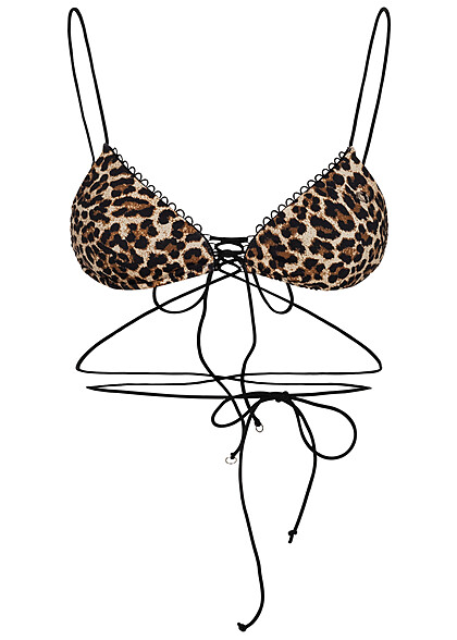 ONLY Dames Bikinitop met kant en leoprint zwart bruin