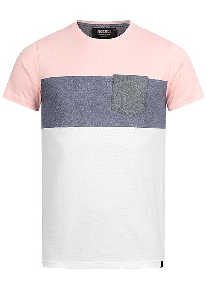 Indicode Heren Colorblock T-shirt met strepen en borstzak roze wit blauw - Art.-Nr.: 22040686