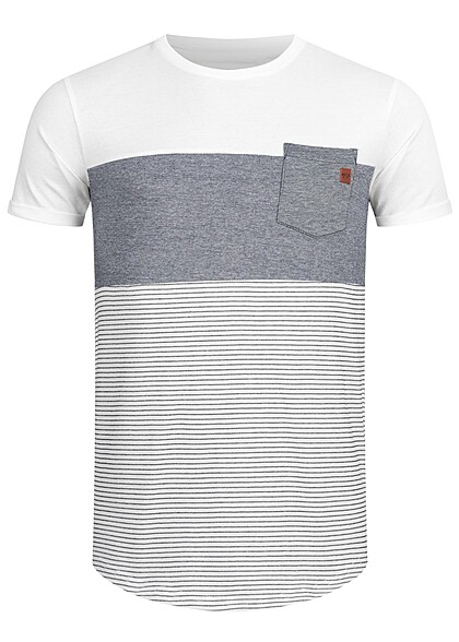 Indicode Heren 2-Tone T-shirt met strepen en borstzak wit blauw