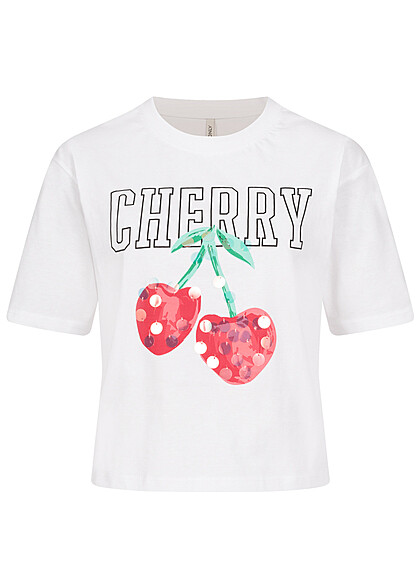 ONLY Dames T-Shirt met fruitprint en pailletten wit rood - Art.-Nr.: 22040741