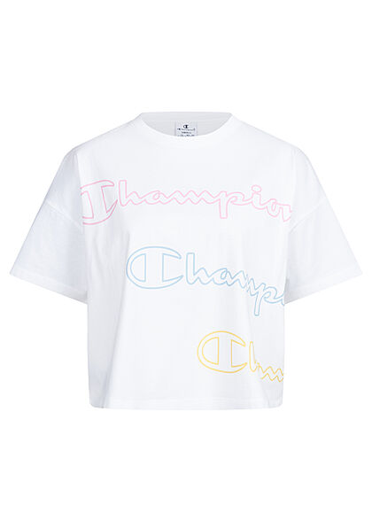 Champion Dames Crop T-shirt met veelkleurige logoprint wit