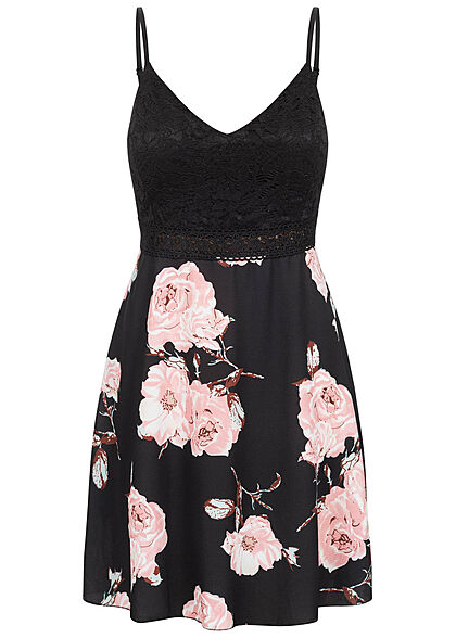 Cloud5ive Dames Jurk met kant en bloemenprint zwart