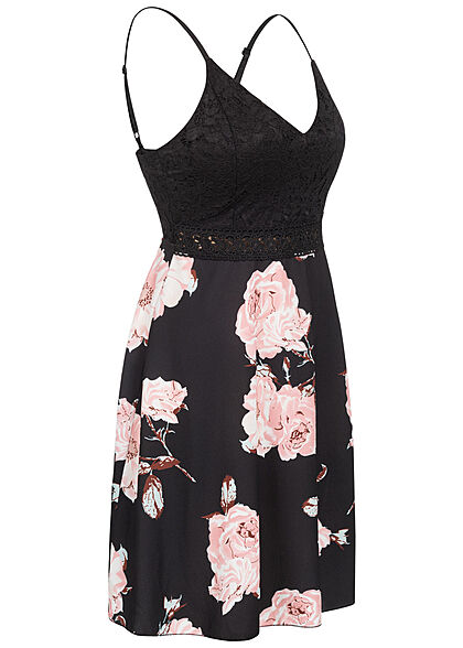 Cloud5ive Dames Jurk met kant en bloemenprint zwart