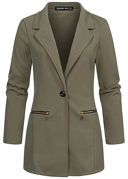 Cloud5ive Dames Blazer met 2 decoratieve ritszakken olijfgroen