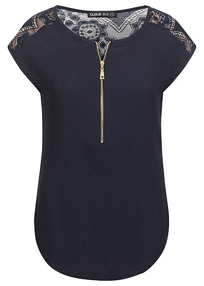 Cloud5ive Dames Chiffon Blouse met kant en rits marineblauw