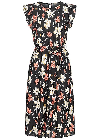 Cloud5ive Dames Jurk met bindceintuur en bloemenprint zwart