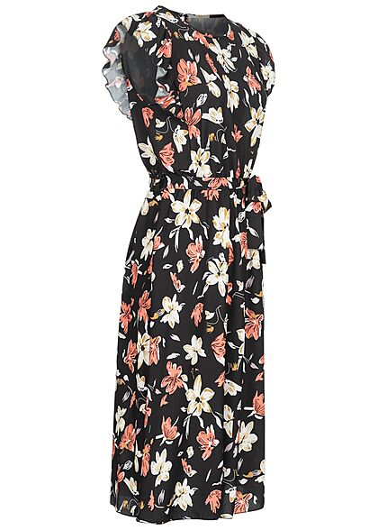 Cloud5ive Dames Jurk met bindceintuur en bloemenprint zwart