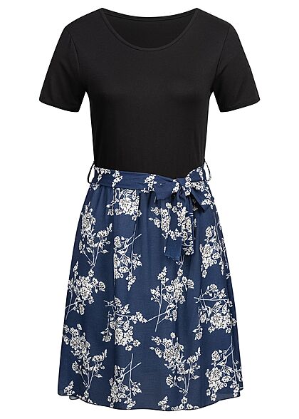Cloud5ive Dames 2-Tone Jurk met bindceintuur en bloemenprint zwart blauw