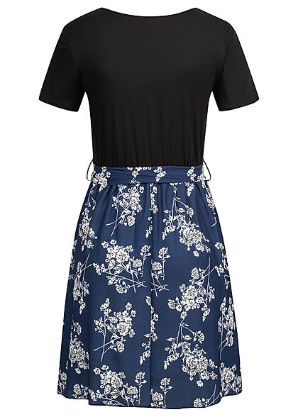 Cloud5ive Dames 2-Tone Jurk met bindceintuur en bloemenprint zwart blauw
