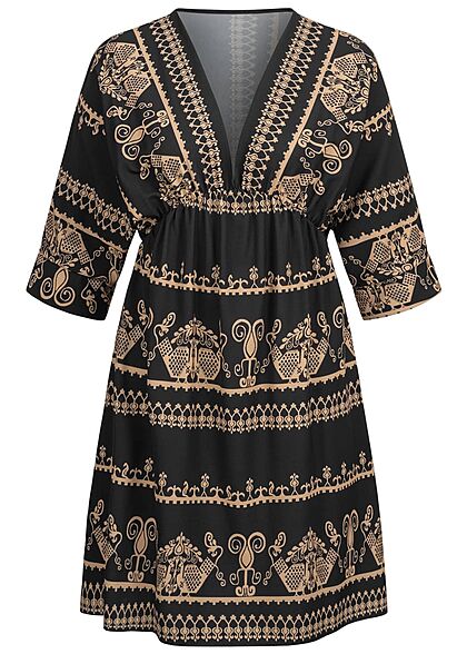 Cloud5ive Damen Kleid mit Flügelärmeln tiefer V-Neck All Over Print schwarz beige