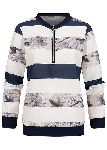 Cloud5ive Damen Langarm Bluse mit Streifen und Zipper Print weiss navy blau