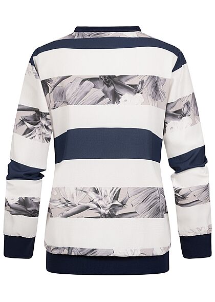 Cloud5ive Damen Langarm Bluse mit Streifen und Zipper Print weiss navy blau