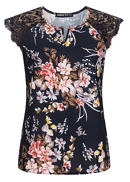 Cloud5ive Dames Top met kant en bloemenprint marineblauw