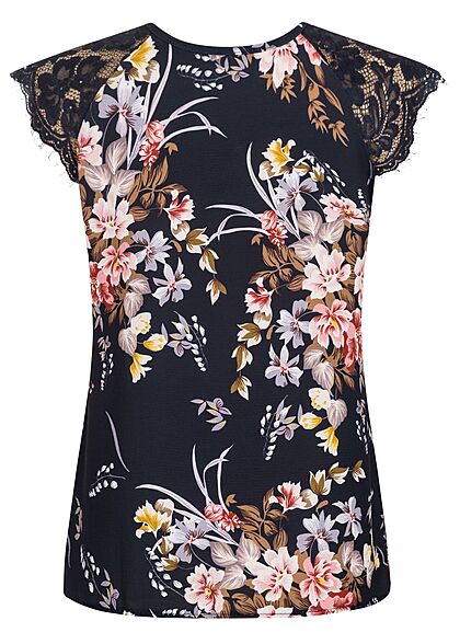 Cloud5ive Dames Top met kant en bloemenprint marineblauw