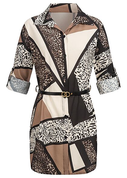Cloud5ive Damen Turn-Up Bluse Longform mit Bindegürtel Leo Print weiss schwarz