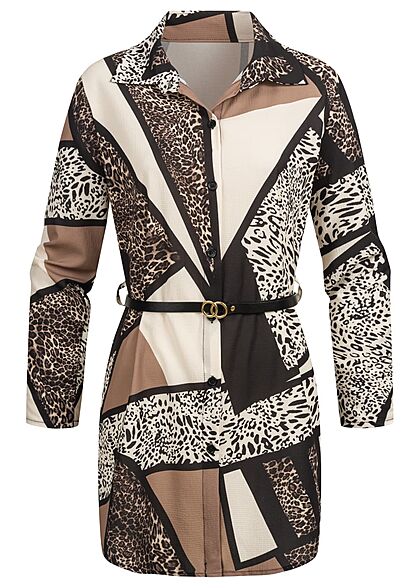 Cloud5ive Damen Turn-Up Bluse Longform mit Bindegürtel Leo Print weiss schwarz