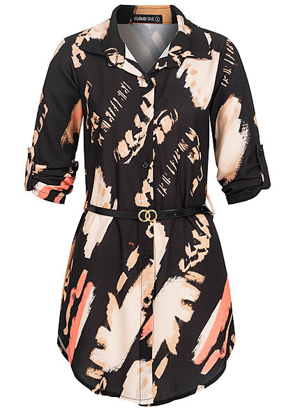 Cloud5ive Damen Turn-Up Bluse Longform mit Bindegürtel Print schwarz