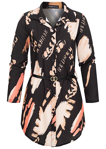 Cloud5ive Damen Turn-Up Bluse Longform mit Bindegürtel Print schwarz