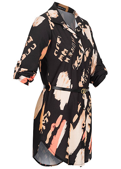 Cloud5ive Damen Turn-Up Bluse Longform mit Bindegürtel Print schwarz