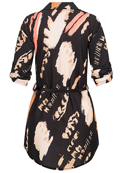Cloud5ive Damen Turn-Up Bluse Longform mit Bindegürtel Print schwarz