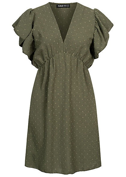 Cloud5ive Damen V-Neck Kleid mit Volant an den Ärmeln Strukturstoff oliv grün - Art.-Nr.: 22046398