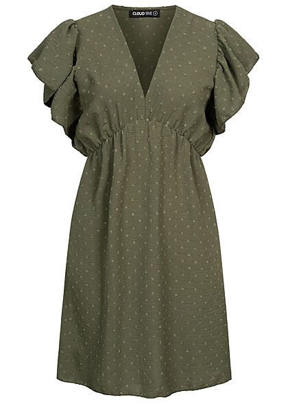 Cloud5ive Damen V-Neck Kleid mit Volant an den Ärmeln Strukturstoff oliv grün