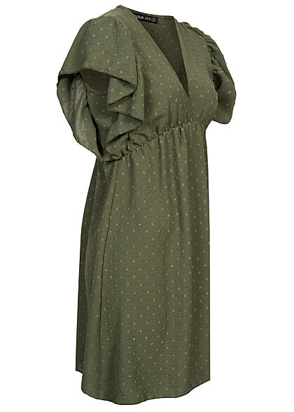 Cloud5ive Damen V-Neck Kleid mit Volant an den Ärmeln Strukturstoff oliv grün
