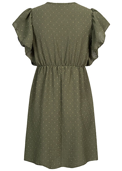Cloud5ive Damen V-Neck Kleid mit Volant an den Ärmeln Strukturstoff oliv grün