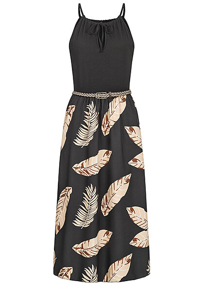 Styleboom Fashion Dames Jurk met gevlochten riem en verenprint zwart