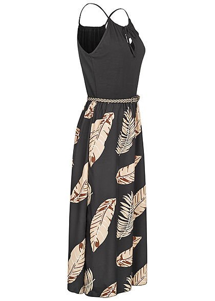 Styleboom Fashion Dames Jurk met gevlochten riem en verenprint zwart