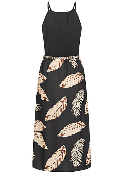 Styleboom Fashion Dames Jurk met gevlochten riem en verenprint zwart