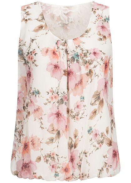 Styleboom Fashion Dames Topje met kant en bloemenprint wit