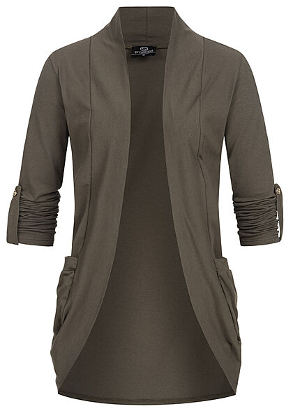 Styleboom Fashion Dames Vest met omgeslagen mouwen en 2 zakken olijfgroen - Art.-Nr.: 22046481