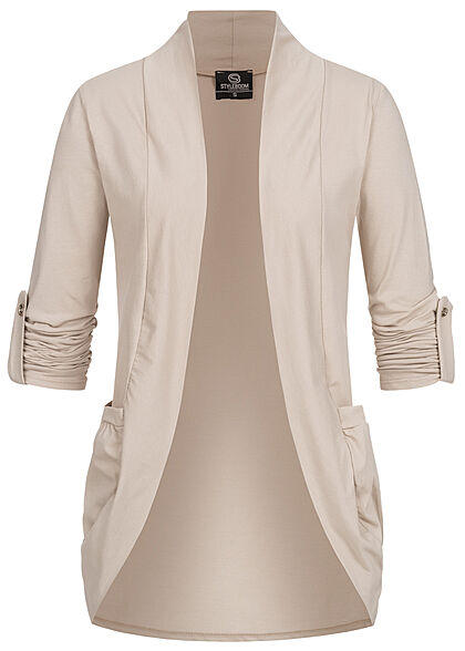 Styleboom Fashion Dames Vest met omgeslagen mouwen en 2 zakken beige - Art.-Nr.: 22046482