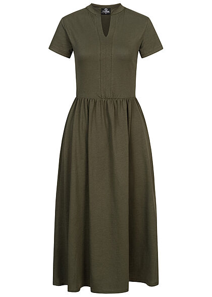 Styleboom Fashion Damen Longform Kleid mit Taillenbund & Reverskragen oliv grün - Art.-Nr.: 22046483