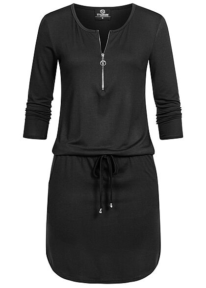 Styleboom Fashion Dames Viscose Jurk met rits en binddetail zwart - Art.-Nr.: 22046485