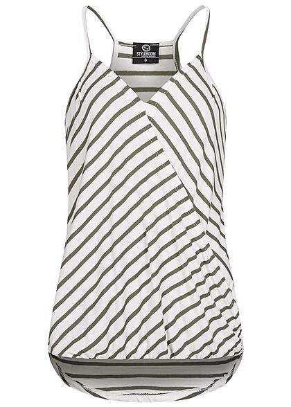 Styleboom Fashion Dames Top met V-hals en strepen wit olijfgroen