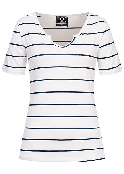 Styleboom Fashion Dames T-shirt met V-hals en strepen marineblauw