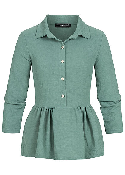 Cloud5ive Damen Turn-Up Schösschen Bluse mit Knopfleiste grün