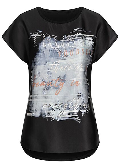 Cloud5ive Damen T-Shirt mit Yourself Print Satin Look schwarz