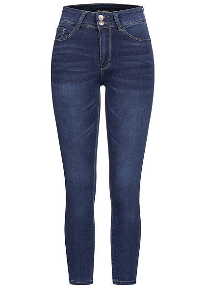 Seventyseven Lifestyle Dames Skinny Jeans Broek met 2 knopen donkerblauw